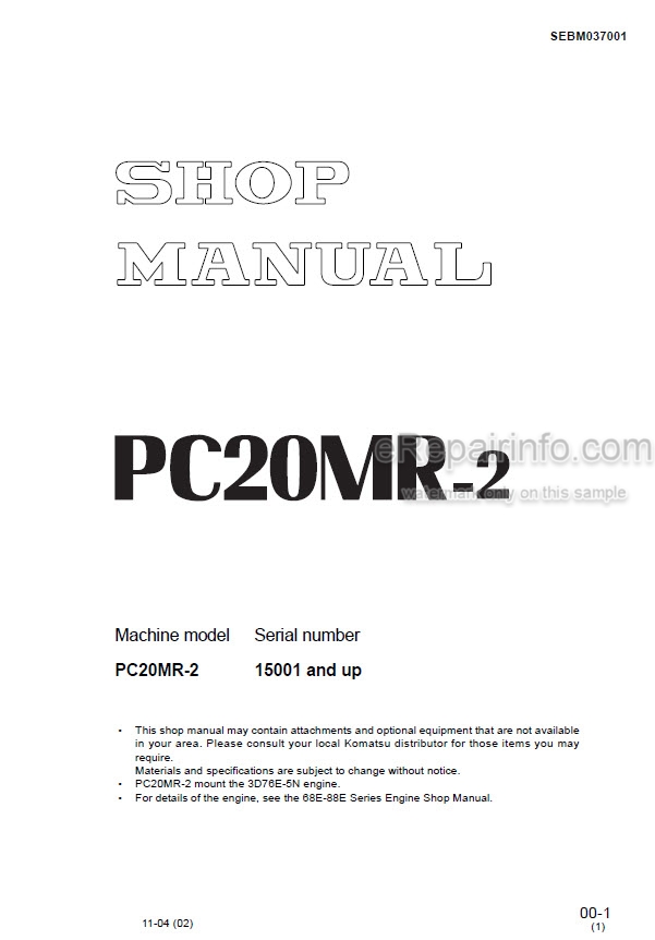 download KOMATSU PC20MR 2 Hydraulic Excavator able workshop manual