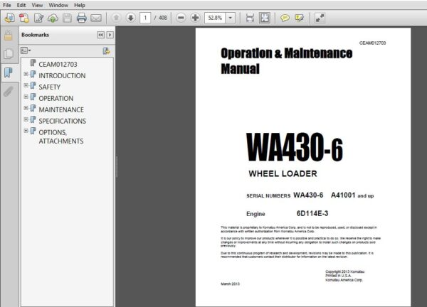 download Komatsu WA430 6 Wheel Loader SN A41001 up able workshop manual